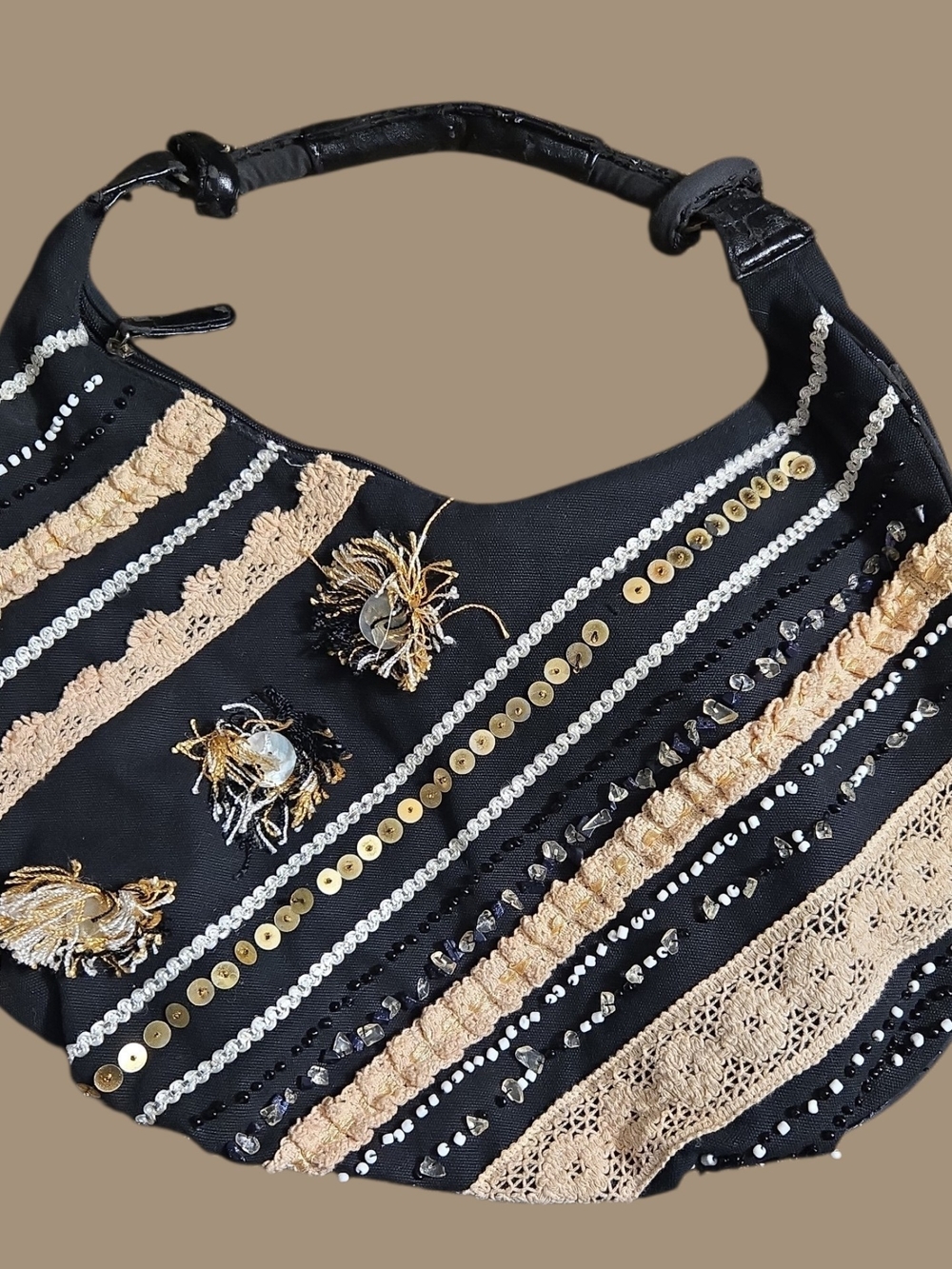 Embellished Black & Beige Hobo Bag